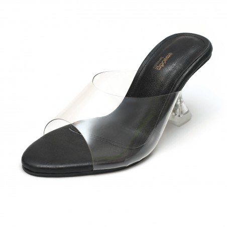 TRANSPARENT HOUR GLASS HEELED MULES IN BLACK